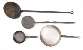 An iron long-handled frying pan: with 20cm diameter bowl,