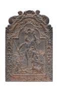 A cast iron fire back: depicting the figure of Neptune holding a trident within a shell and foliate
