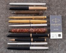 A collection of fountain pens; comprising a Parker 51 pen, Parker 22 France, Parker Crackle finish,