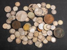 WITHDRAWN LOT A group of coins in ebony pot, one 1854 and 1858 pennies USA 1926 Dollar 1917 Rupee,