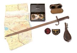 A WWI bayonet: together with three WWII silk maps of French Indo China, two German cloth patches,