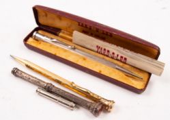 A Victorian silver propelling pencil: together with a gold plated propelling pencil and a