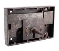 A large steel door lock, probably 18th century: single throw with double mortice bar,
