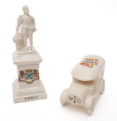 A WWI crested ware model of ambulance and crested ware model of Drake's statue: (2)