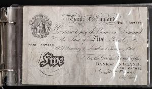 A collection of banknotes, including a Beale 1951 white £5 note,