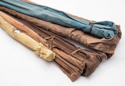 Five various green hart rods and a small brass four bar reel and a collection of lures and weights.