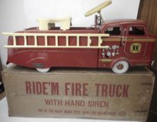 Marx, a tinplate 'Ride'm Fire Truck' : the pressed steel ride on body with lithographed detail,