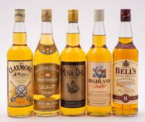 Five bottles of various Whisky;- John Power, Highland Poacher, Mena Du,