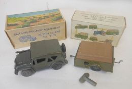 Britains, Set No 2102 Austin Champ, in military green, and Set No 2041 Clockwork Trailer with key,