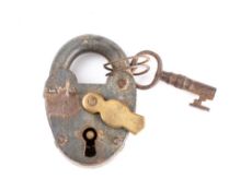 An early 20th century MOD issue iron padlock and key, with brass throat cover,