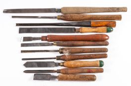 A group of eleven large woodturning chisels and files: various makers including a WWII period W H