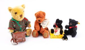 A group of five various Teddy bears; comprising a small black Steiff bear,