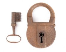 A large 18th/19th century steel padlock and key: the lock of three section construction,