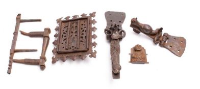 Two Continental Gothic iron hasps, French or Spanish: one mounted with a figure of a snail,