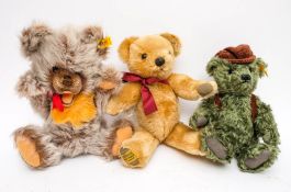 A Steiff green plush 'Thursday Bear' together with one other Steiff bear and a Merrythought blonde