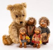 A Steiff four piece Hedgehog family, together with a blonde plush Teddy bear.