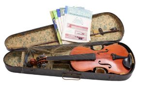 An early 20th century student violin with two piece back, 36cm long,