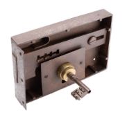 An 18th century large steel and brass rim lock: single throw with brass collared throat and steel