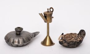 A miniature Dutch brass oil lamp: on cone-shaped base, 12cm high,