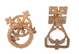 A Victorian Aesthetic movement iron door pull latch lifter: together with a drop ring door pull