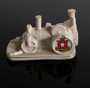 A rare WWI period crested ware model of a Tommy driving a steamroller over the Kaiser by Arcadian
