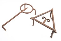 An iron brandreth of triangular shape: 31cm wide and an iron trivet,
