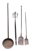 An iron long handled frying pan: with 33cm diameter pan,
