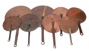 A 19th Century copper circular pan lid: with iron handle, initialled 'J.C.H.