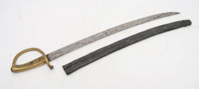 A 19th century Dutch sidearm: the slightly curved singe edge blade over a solid brass hilt with