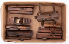 A group of eleven various beech planes: including a wedge stem fillister plane with stamp for