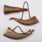 Two brass mounted horn powder flasks:, both unsigned,