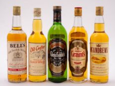 Five bottles of various Whisky;- Glenfiddich, Grants,