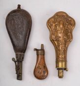 A copper and brass pistol powder flask,