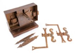 A large iron rim lock with key, 18th/19th century:, on later wooden stand, 20 cm high,