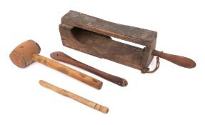 A wood single-handled hanging candle holder:, 42cm high, wood mallet, butter knife,