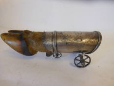 A Victorian silver plated table snuff mull in the form of a three-wheel wagon with stag slot mount,