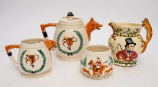 A three piece Staffordshire hunting theme tea service and a Crown Devon John Peel jug: