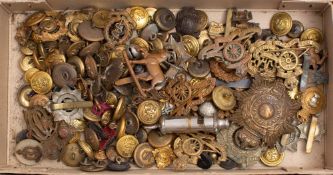 A collection of various regimental cap badges and buttons: including The Buffs,