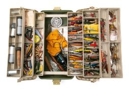 A collection of various lures and fishing equipment, various makers including John Burt & Co,