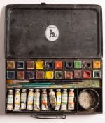 A Reeves black lacquer tin artist's paint box with label as per title under lid,