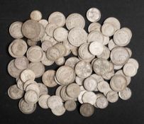 A bag of mixed pre 1947 silver, some pre 1920, some USA quarter Dollars etc. Approx. 633 grams.