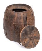 A 19th Century Continental metal bound olive oil storage barrel and cover: with applied metal