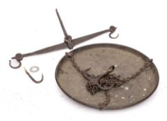 A circular copper hanging pan: with triple suspension chains and twin iron hook,