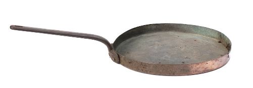 A large circular copper frying pan: with iron handle, 41cm diameter.