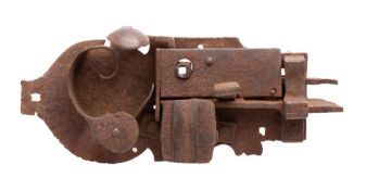 An early steel door lock, possibly 18th century continental: with single bolt and lever latch,