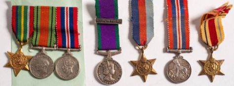 A group of six WWII miniature medals and an ERII miniature Army General Service medal with clasp: