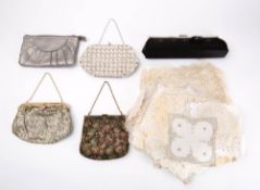 A group of five various late 20th century evening bags and a collection of various table linen.