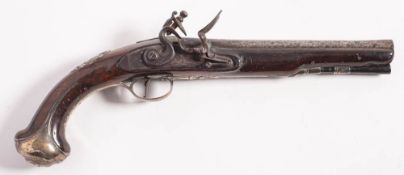 An 18th century flintlock pistol, circa 1741: the plain 8 inch barrel with proof marks to breech,