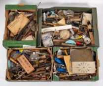 Three boxes of various watch and clock making tools: including files, broaching tools, screwdrivers,