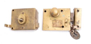 A Hobbs & Co London, brass ship's cabin door rim lock set, the case with makers plate as per title,